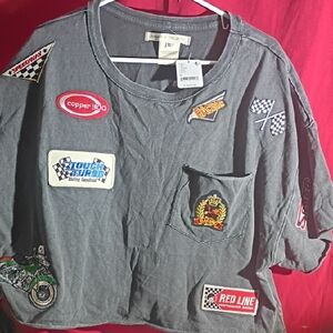 Free People Gray Kids Tee with Racing Patches